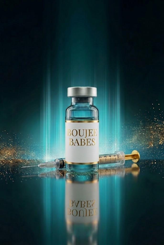 Boujee Babes vial of teal solution with a gold syringe on a glowing teal and gold backdrop