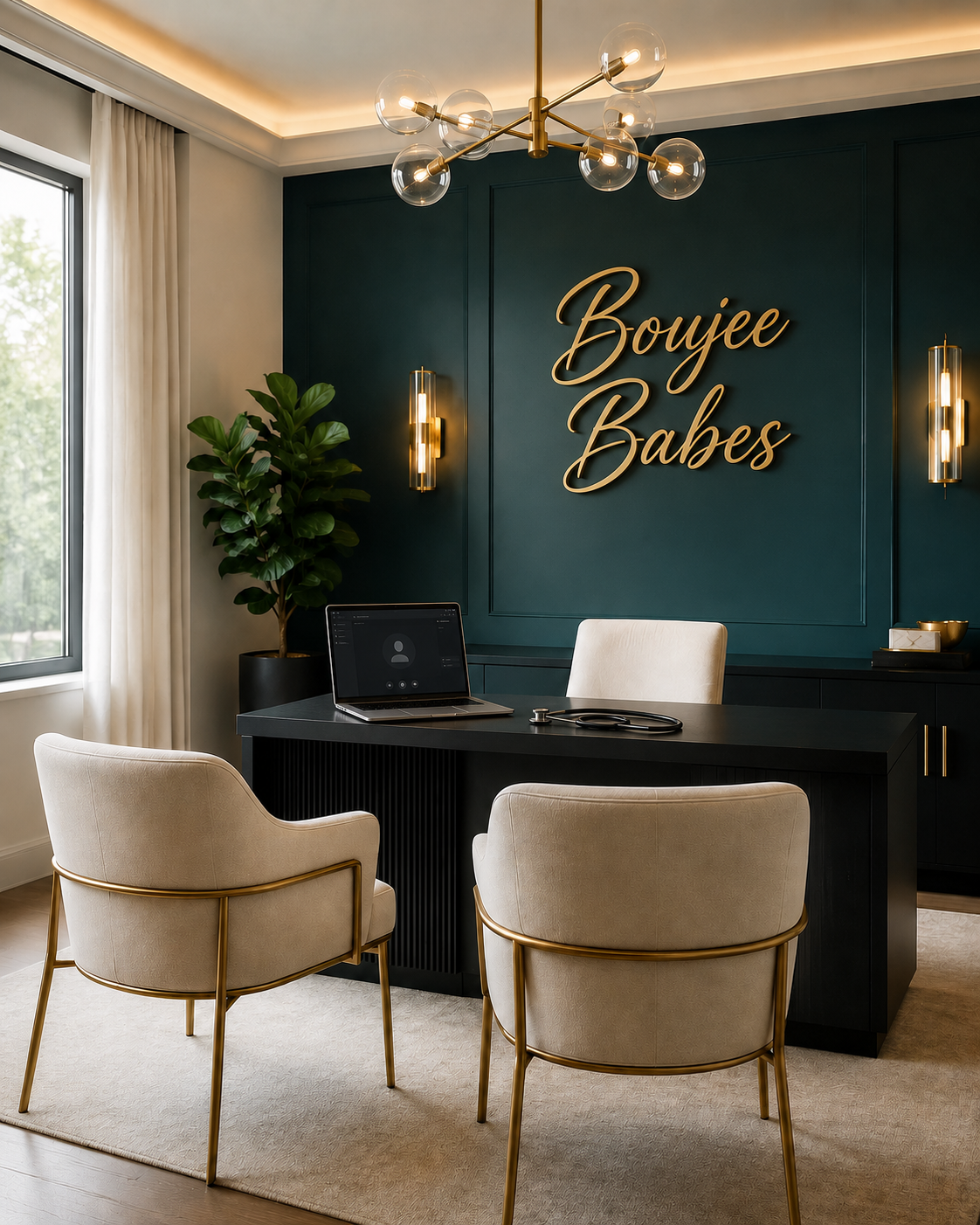 Boujee Babes vial of teal solution with a gold syringe on a glowing teal and gold backdrop
